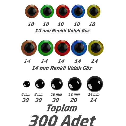 Amigurumi Vidalı Göz Renkli 300 Adet 6 Farklı Renk 5 Farklı Boy (SİMLİ DEĞİLDİR)